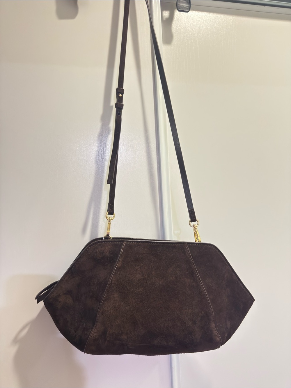 Zara Dark Brown Suede Shoulder Bag with Gold Hardware